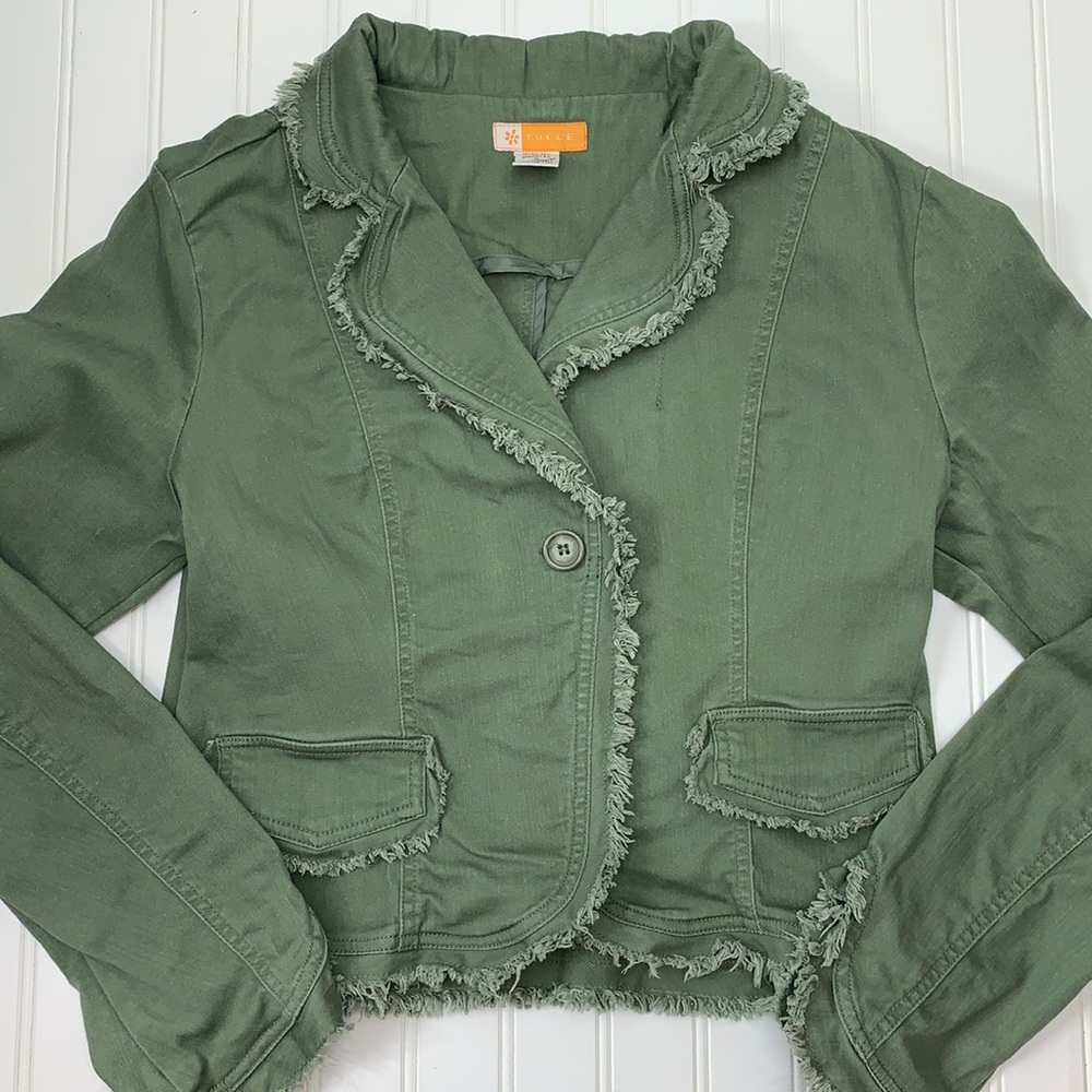 Anthropologie Tulle olive jacket blazer with raw edges XL